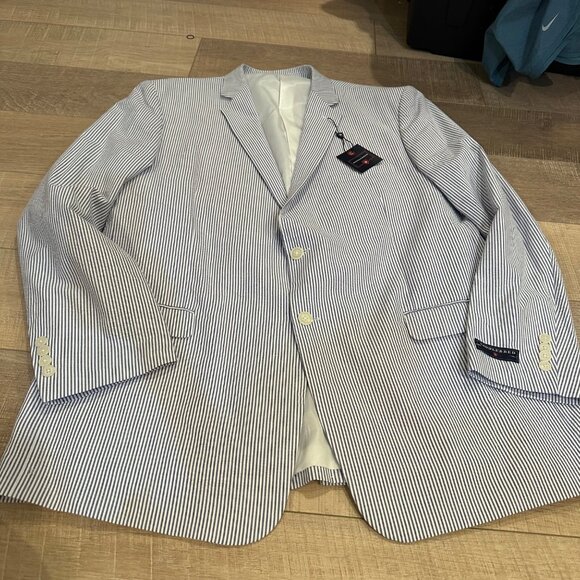 SADDLEBRED MENS BLUE WHITE SEERSUCKER SPORT COAT JACKET BLAZER 48L NEW - Picture 2 of 9